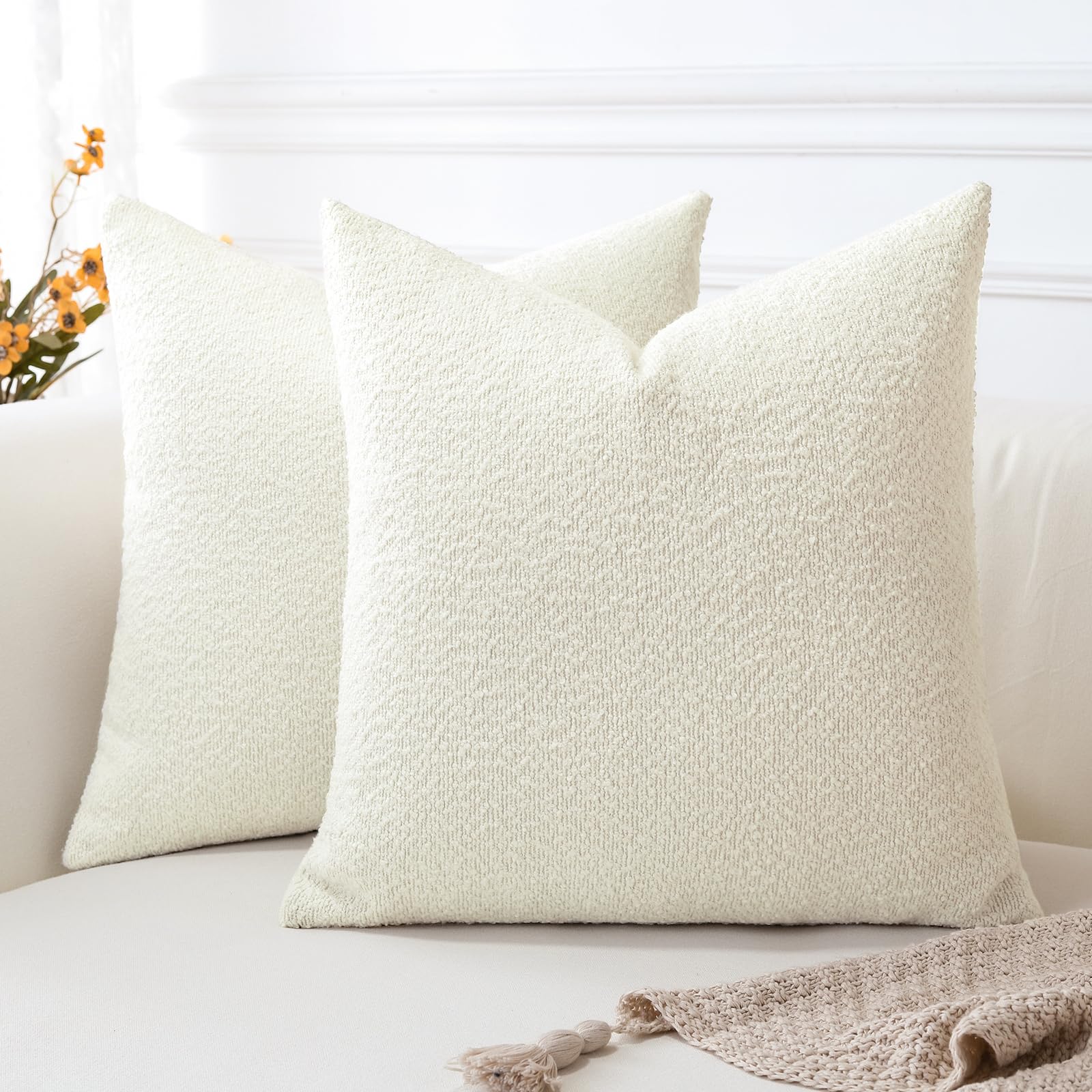 Photo 1 of OTOSTAR Pack of 2 Textured Boucle Throw Pillow Covers Square Pillow Cases Cozy Soft Decorative Couch Cushion Case for Chair Sofa Bedroom Living Room Home Decor 24 x 24 Inch, Cream White
