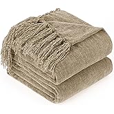 GINAMUSE Chenille Throw Blanket for Couch with Tassels,50"X60" Soft Cozy Lightweight Knitted Boho Decorative Blankets for Bed and Sofa,Taupe