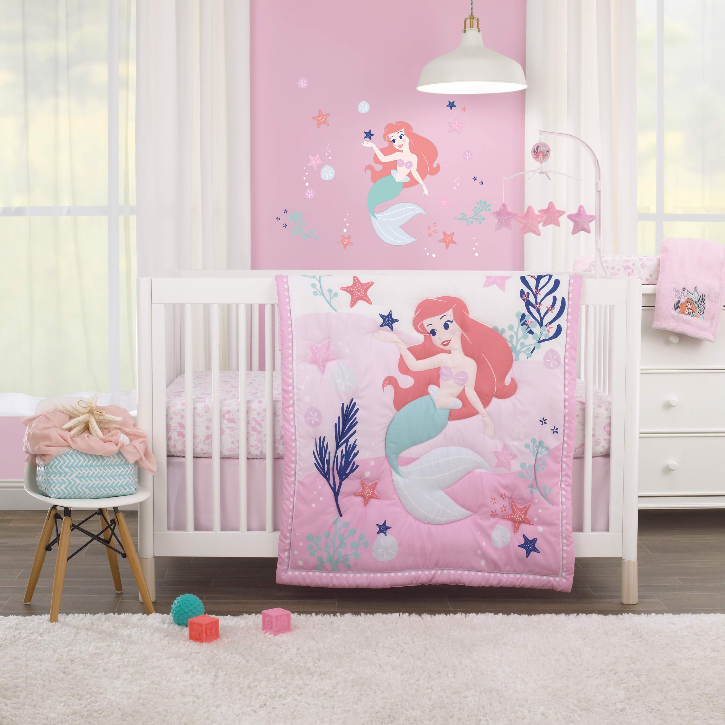 Photo 1 of NOJO Disney The Little Mermaid Pink, Aqua, and Coral Ariel Cute by Nature 4 Piece Nursery Crib Bedding Set - Comforter, Fitted Crib Sheet, Changing Pad Cover, and Crib Skirt