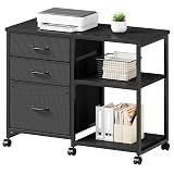 Maihail 3 Drawer File Cabinet with Wheels Rolling Printer Stand with Open Storage Shelf Fabric Lateral Filing Cabinet for Home Office,Black
