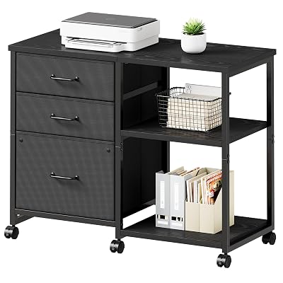 Maihail 3 Drawer File Cabinet with Wheels Rolling Printer Stand with Open Storage Shelf Fabric Lateral Filing Cabinet for Home Office,Black