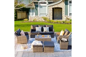 MEISSALIVVE Outdoor Patio Furniture Set with Swivel Chair, 7 Pieces Patio Conversation Set, Patio Sectional Furniture Set with 2 Swivel Rocker Chair & Sofa, 2 Ottomans and Coffee Table (Grey)