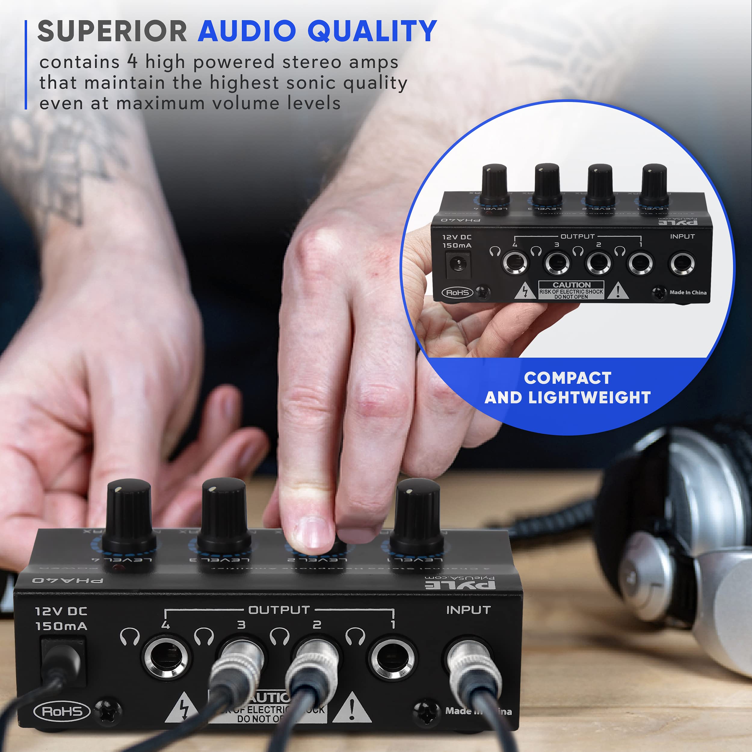 Pyle 4-Channel Portable Stereo Headphone Amplifier - Mini Earphone Splitter Amp with 4 ¼” TRS Output Jacks - Independent Volume Controls - High-Quality Audio for Studio & Stage - PHA40