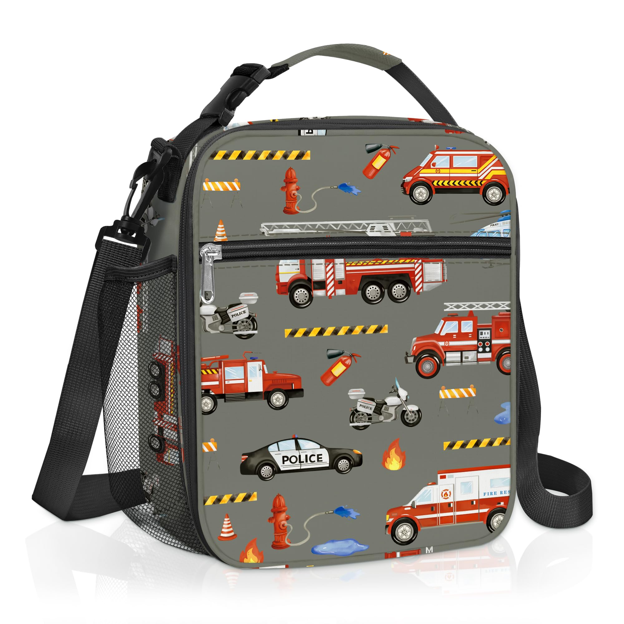 Clastyle Car Insulated Lunch Bag Truck Large Thermal Cooler Bag for Boy Picnic Lunch Box Tote, Fire Engine