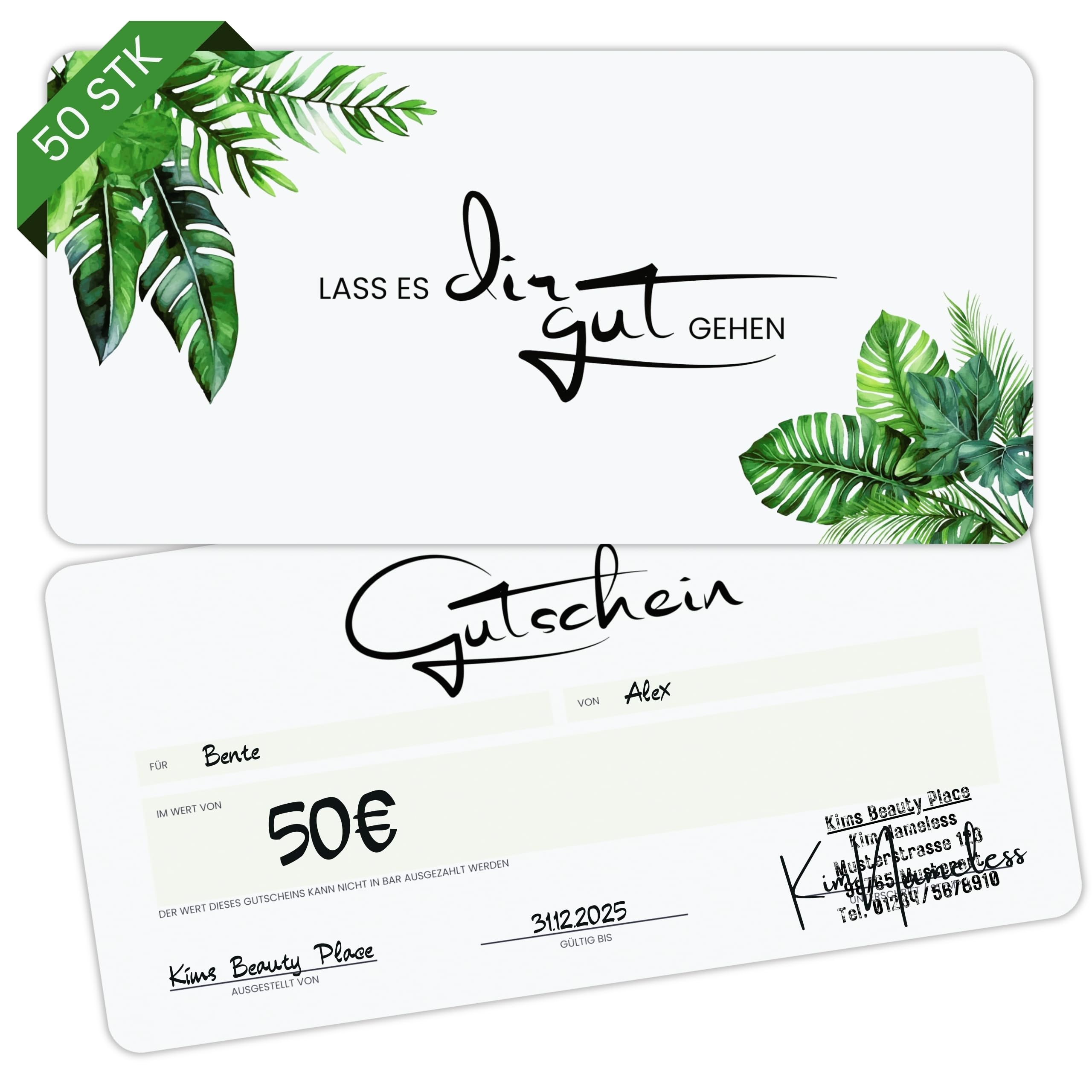 Spoddy Voucher Cards (Set of 50, DIN Long) – Blank Voucher Templates for Massage, Cosmetics, Hairdressers and Others – Modern, Green Fern Motif