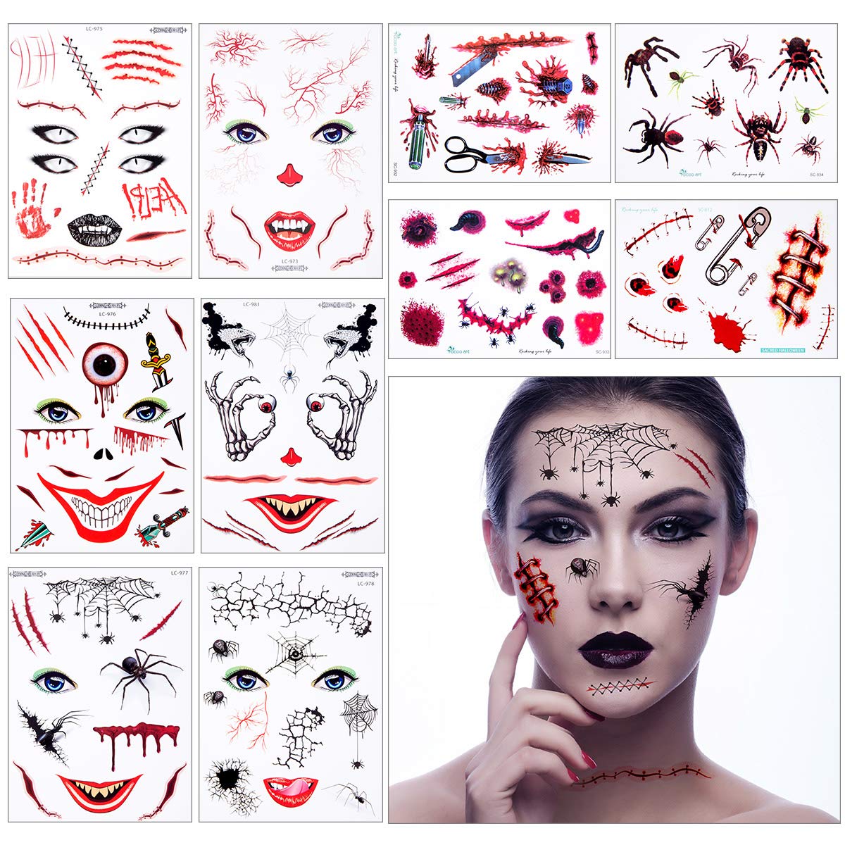 10 Sheet Halloween Temporary Tattoos - Fake Scars & Wounds Tattoos with Blood, Spider Face Stickers for Horror Theme Party Makeup