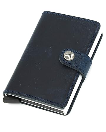 DENA Kreditkartenetui Leder Aluminium RFID Schutz, Blau, dünn/flachwallet Geldbeutel Geldbörse mit Geldklammer Damen/Herren k