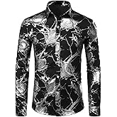ZEROYAA Mens Hipster 3D Golden Rose Floral Printed Slim Fit Long Sleeve Button Down Dress Shirts