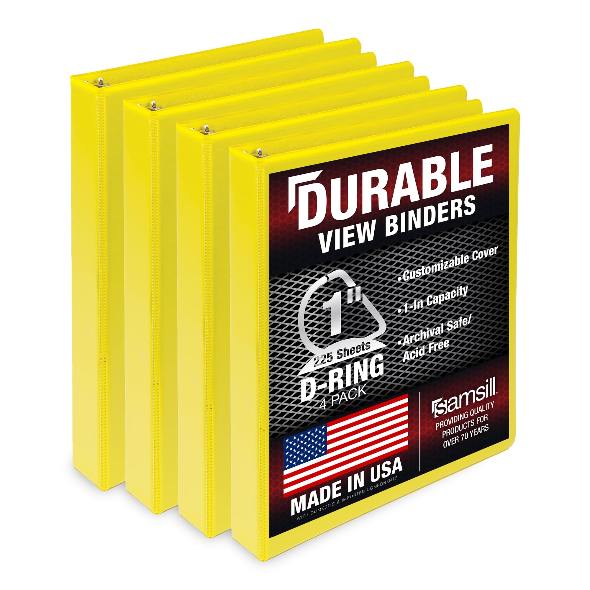 Samsill Durable 1 Inch Binder, Made in The USA, D Ring Binder, Customizable Clear View Cover, Yellow, 4 Pack, Each Holds 225 Pages