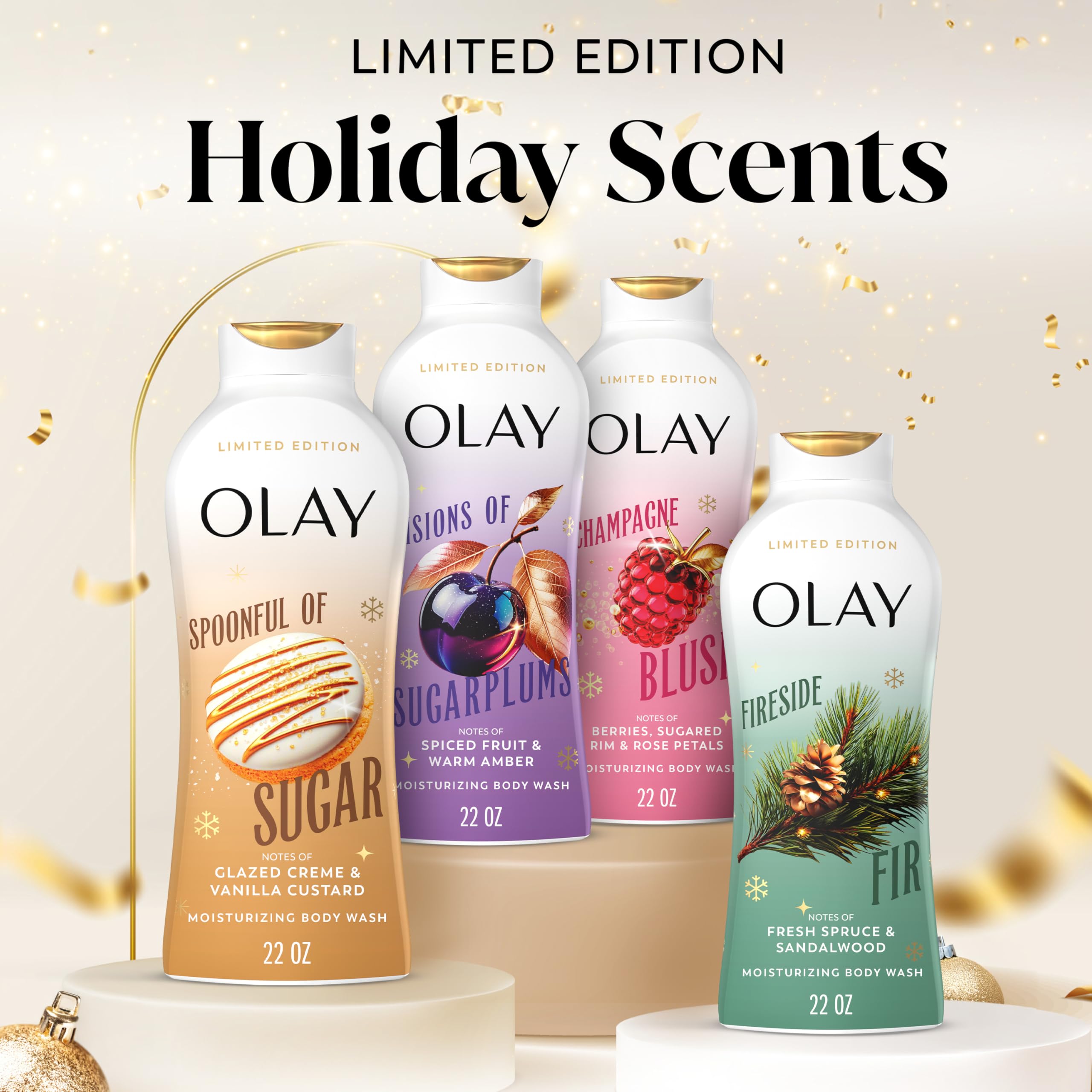 Olay Body Wash for Women, Hydrating & Moisturizing, Holiday Edition, With Plant Based Cleansers, B3 Complex, For All Skin Types, Spoonful of Sugar with Glazed Crème & Vanilla Custard Scent, 22 fl oz