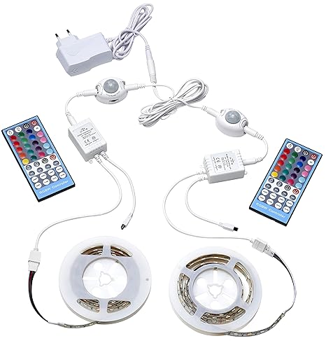 LED Beleuchtungsset RGB + WEISS mit Bewegungsmelder Unterbauleuchte Schrankbeleuchtung Bettbeleuchtung und Fernbedienung Dimm