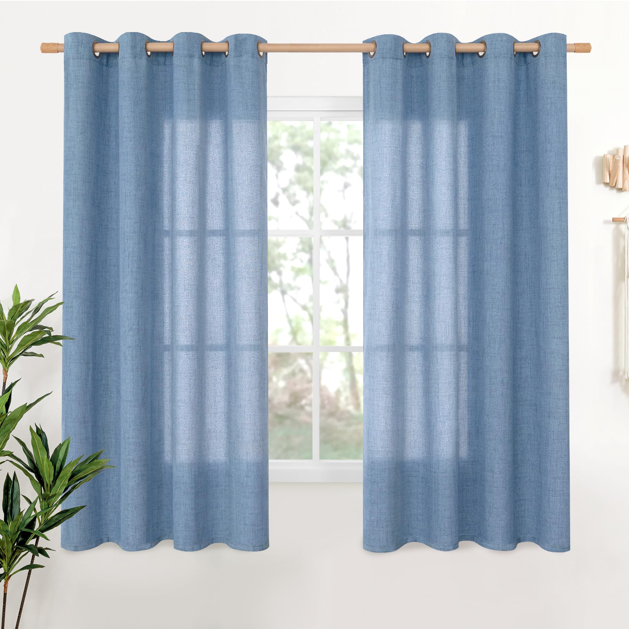 YoungsTex Blue Linen Curtains 68 Inch Length for Living Room Window, Semi Sheer Light Filtering Drapes with Bronze Grommet Privacy for Dining Bedroom, 52 x 68 Inch, 2 Panels Image