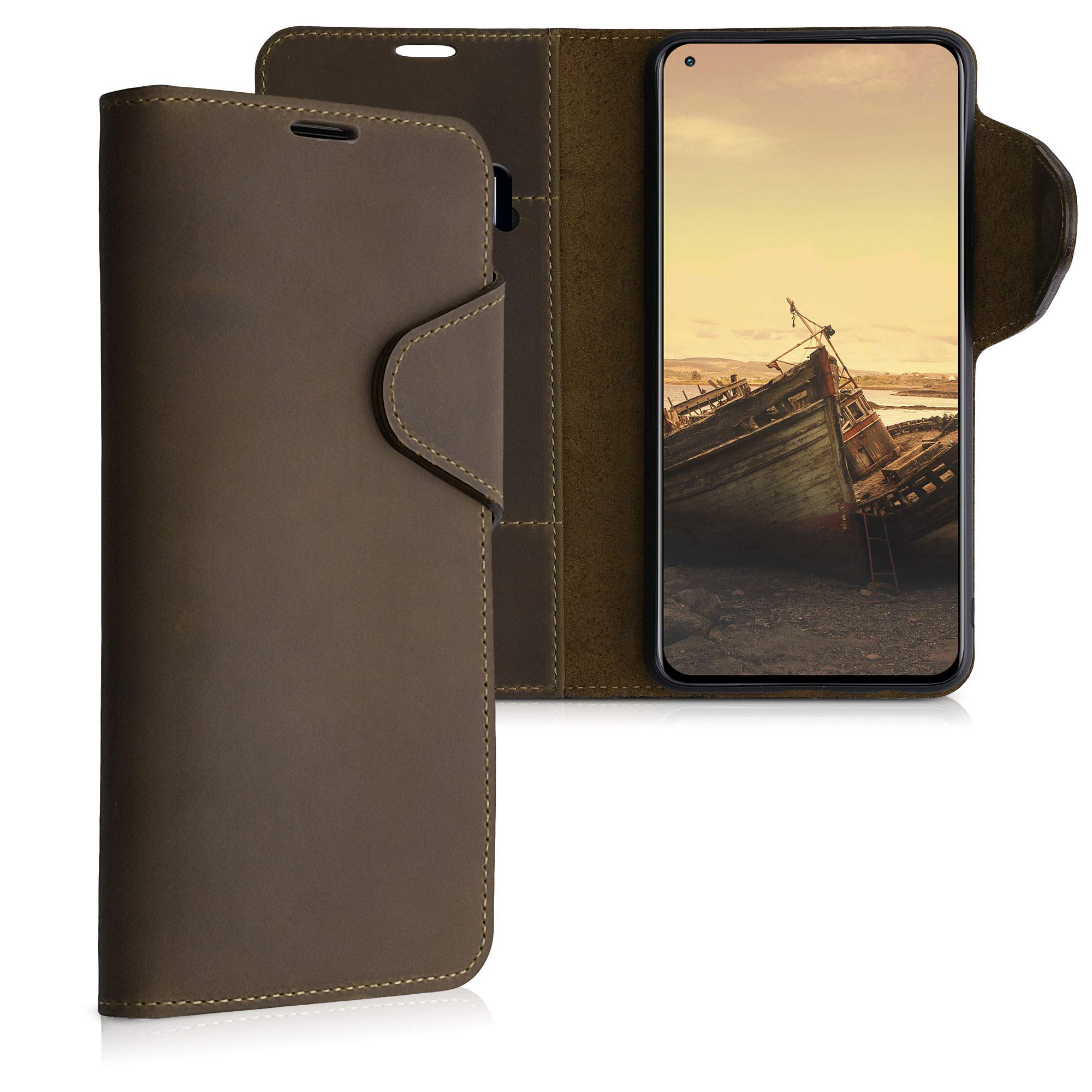 kalibri Case Compatible with Xiaomi Mi 10T / Mi 10T Pro - Case Real Leather Protective Wallet Cover with Card Slot - Brown