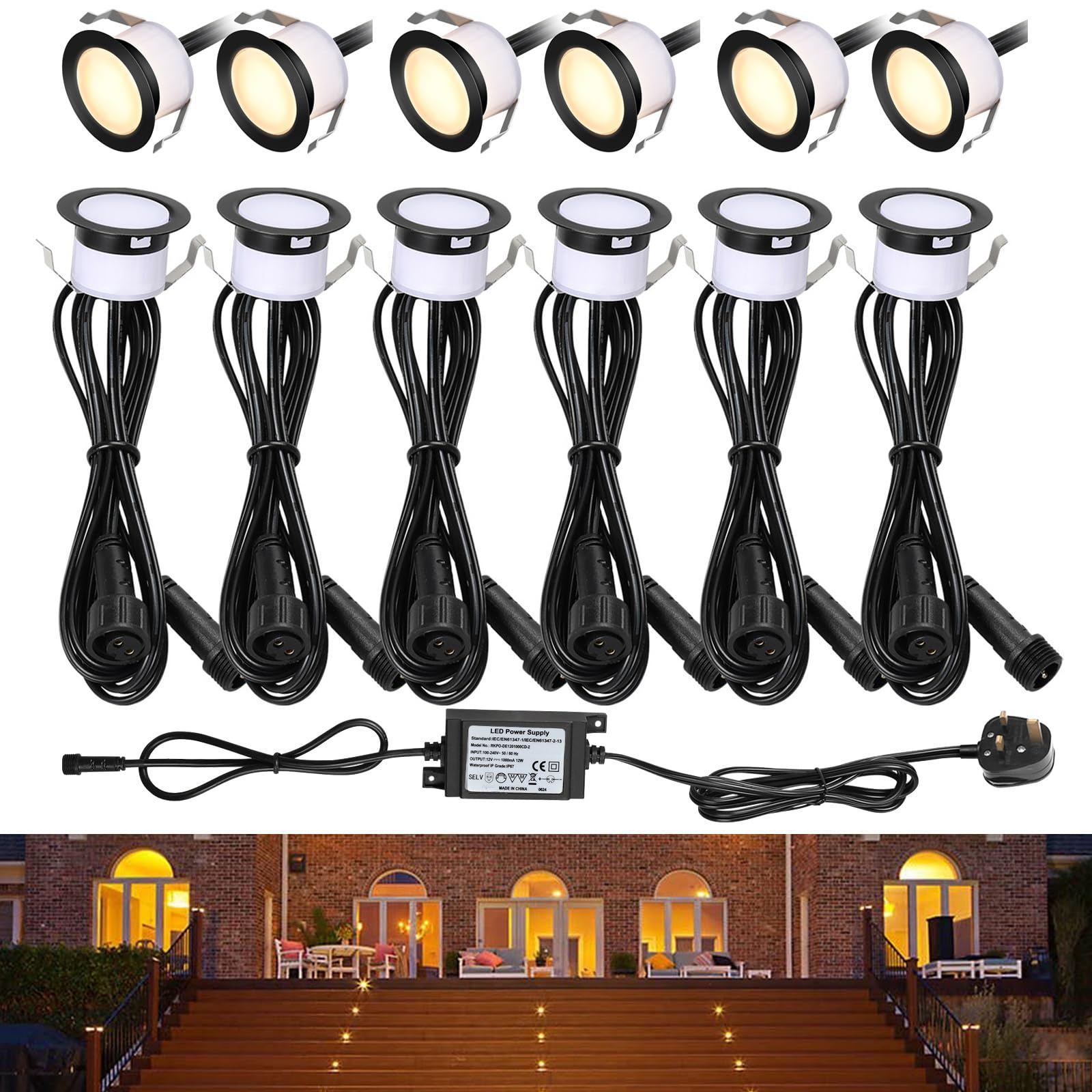 GEYUEYA Home LED Decking Lights Warm White,Ø31MM led Plinth Lights Kit Recessed Outdoor Deck Light Kits for Terrace/Patio/Path/Deck/Garden-12 Pack