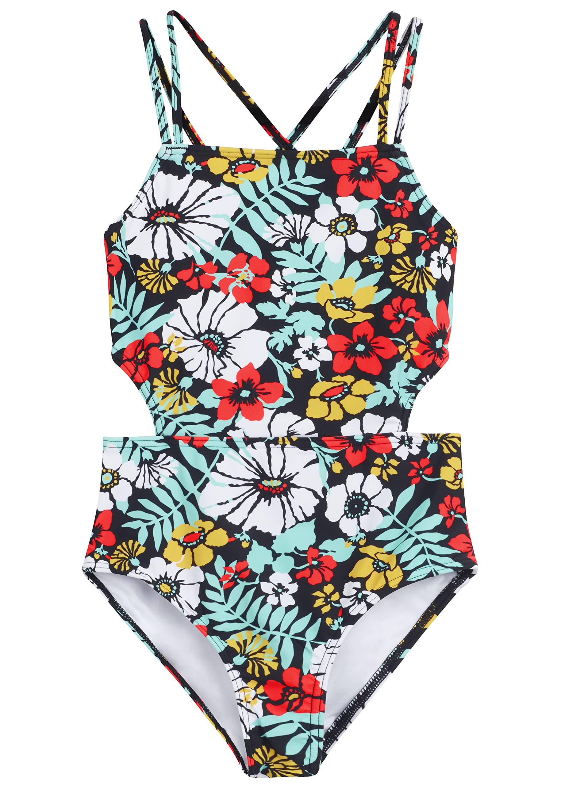 Photo 1 of Kanu Surf Girls' Beach Sport Cut-Out One Piece Swimsuit, Spring Bouquet Multi, 12