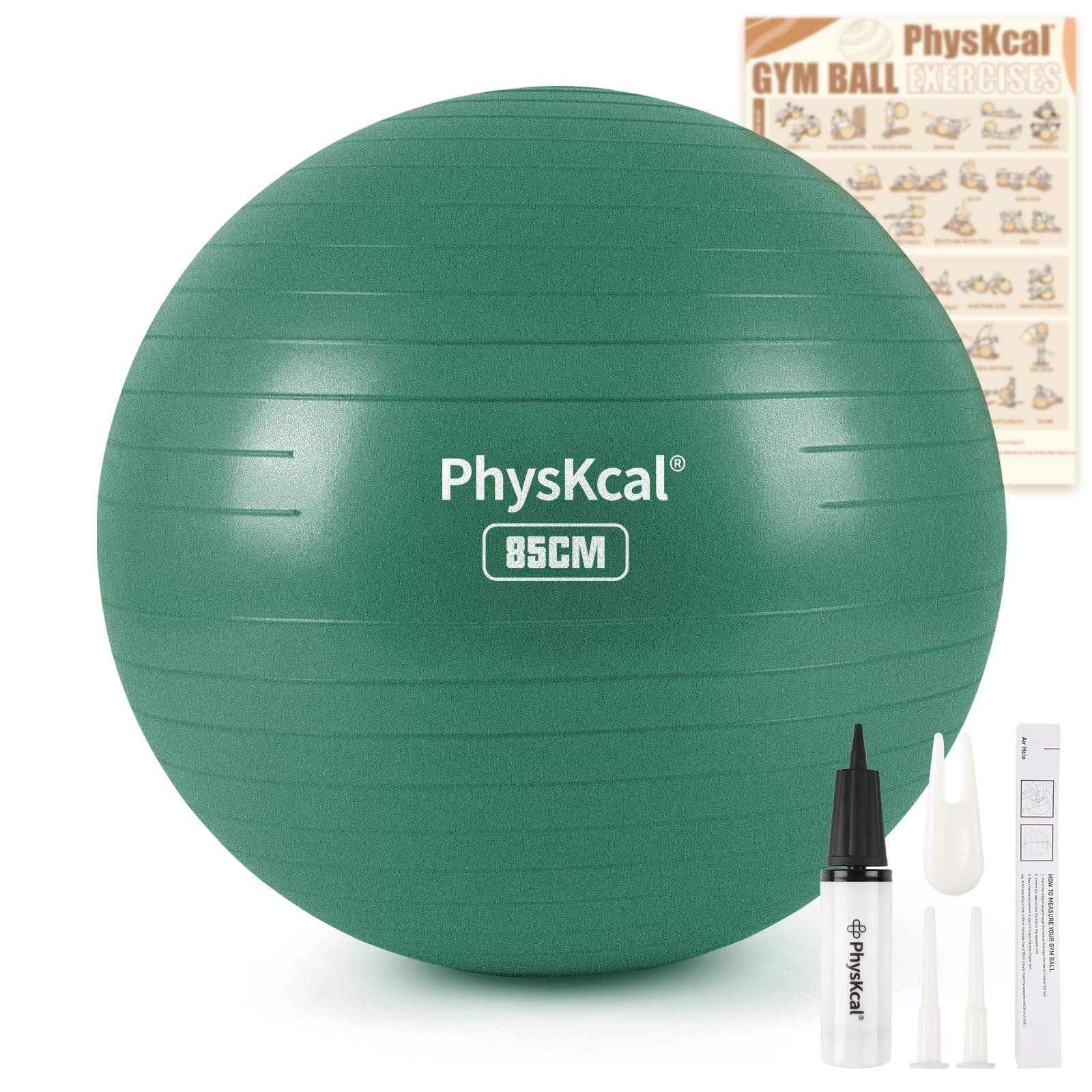 PhysKcal Gym Ball 85cm Green Exercise Swiss Ball for Fitness Yoga Pilates Pregnancy, Anti Burst Ball Chair for Balance, Stability, Quick Pump Included