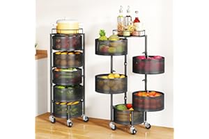SAYZH Fruit Vegetable Basket for Kitchen, Rotating Storage Rack, 5 Tier Rolling Cart with top lid, Large Metal Wire Wheels, Black