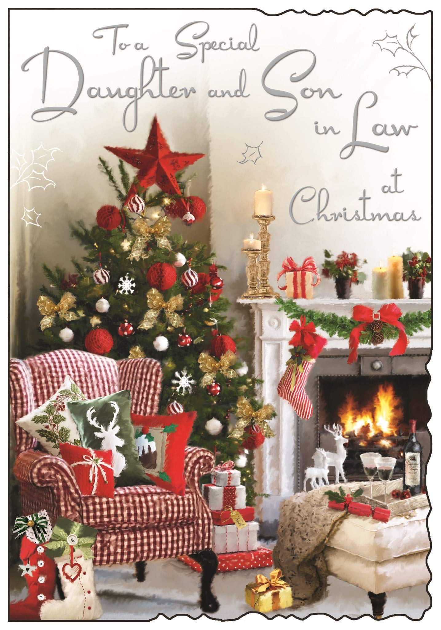 Jonny Javelin Artistic Christmas Greeting Card - 'Special Daughter and Son-in-Law' - Cosy Fireplace and Christmas Tree Scene - With a Red Flitter Finish