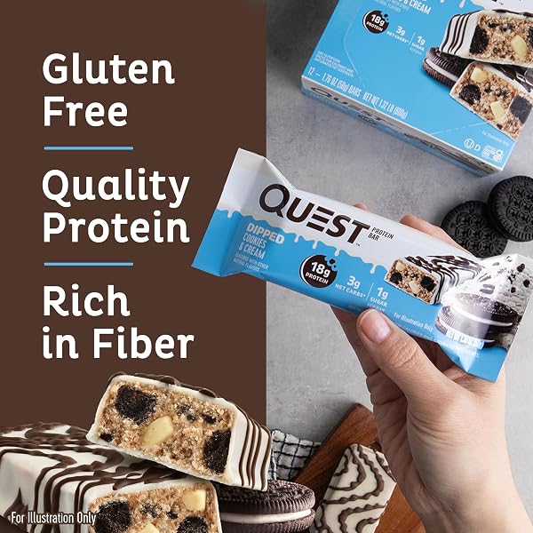 QUEST NUTRITION DIPPED COOKIES & CREAM PROTEIN BARS, HIGH PROTEIN, LOW CARB, GLUTEN FREE, KETO FRIENDLY, 4 COUNT