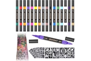 METKER Temporary Tattoo Markers for Skin | Dual-End 16-Count Body Markers + 77 Large Tattoo Stencils | Temporary tattoos for Adults and Kids | Flexible Brush Tip, Bright colors, Skin-Safe*, Cosmetic-Grade
