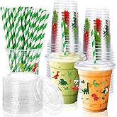 Guiqulai 50 Pcs Dinosaur Cups with Lids and Straws 12 oz Dinosaur Plastic Cups Disposable Dino Tumbler Drinking Cups for Kids Dinosaur Birthday Summer Party Supplies