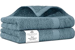 Villa Celestia 100% Cotton Hand Towel Set of 2, (16 x 28 inches) Sustainable, Soft, Highly Absorbent, Quick Drying, Combed Cotton Hand Towels Pack of 2 Ideal for Hotels, Spa, Bathroom, Dorm, Blue