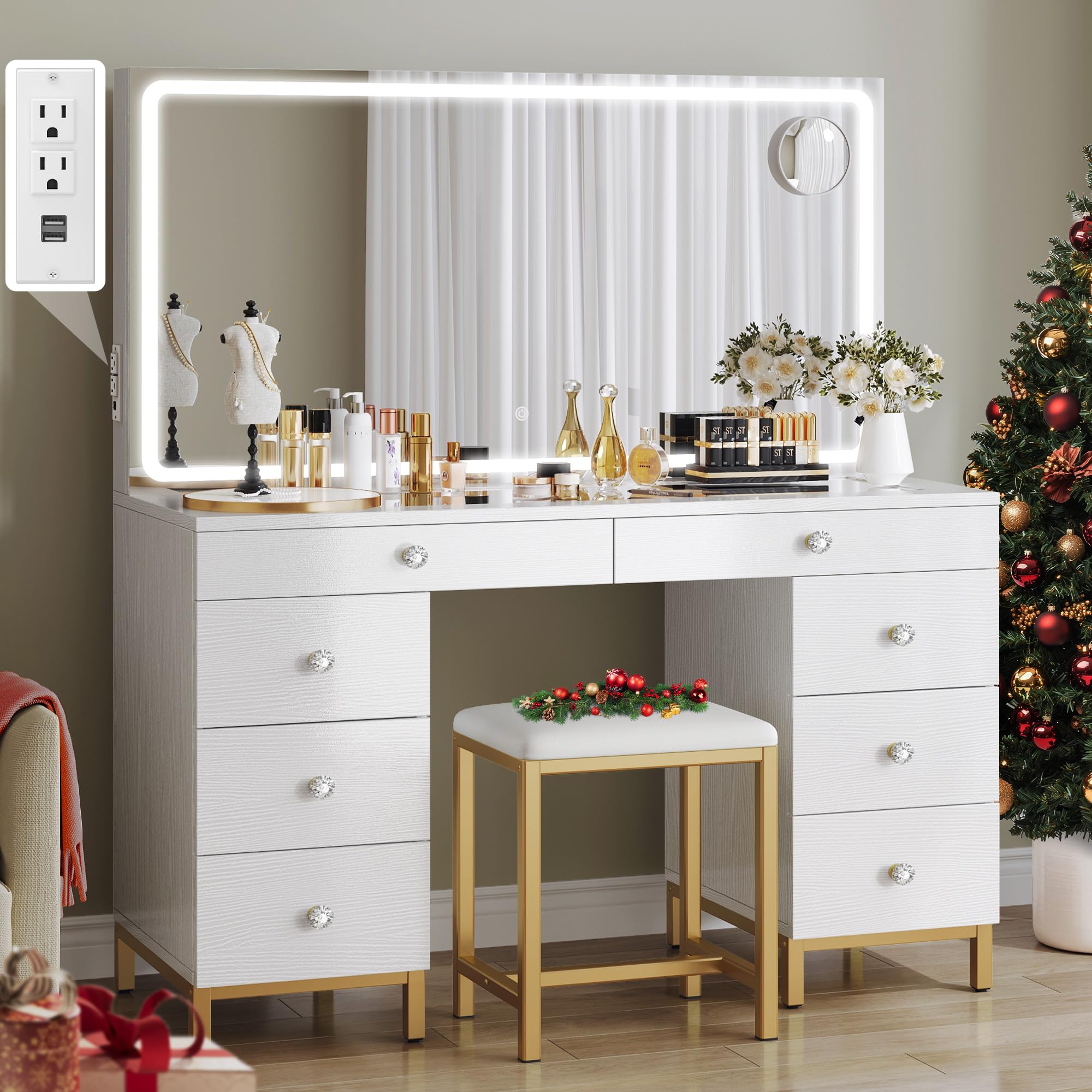 DWVO Vanity Desk with Led Lighted Mirror, Power Outlet and Magnifying