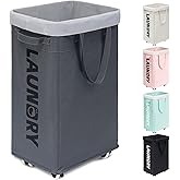 Goodpick Laundry Basket with Wheels, Laundry Hamper with Removable Wash Bag, Clothes Hamper, Rolling Laundry Basket, Dorm Room Essentials, 75L, Grey