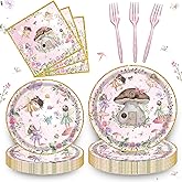 192 Pcs Fairy Party Tableware Set (Serves 48 Guests), Plates, Napkins, Forks, Enchanted Garden Theme for 1st Birthday, Baby Shower, Girls Fairy Party Decorations