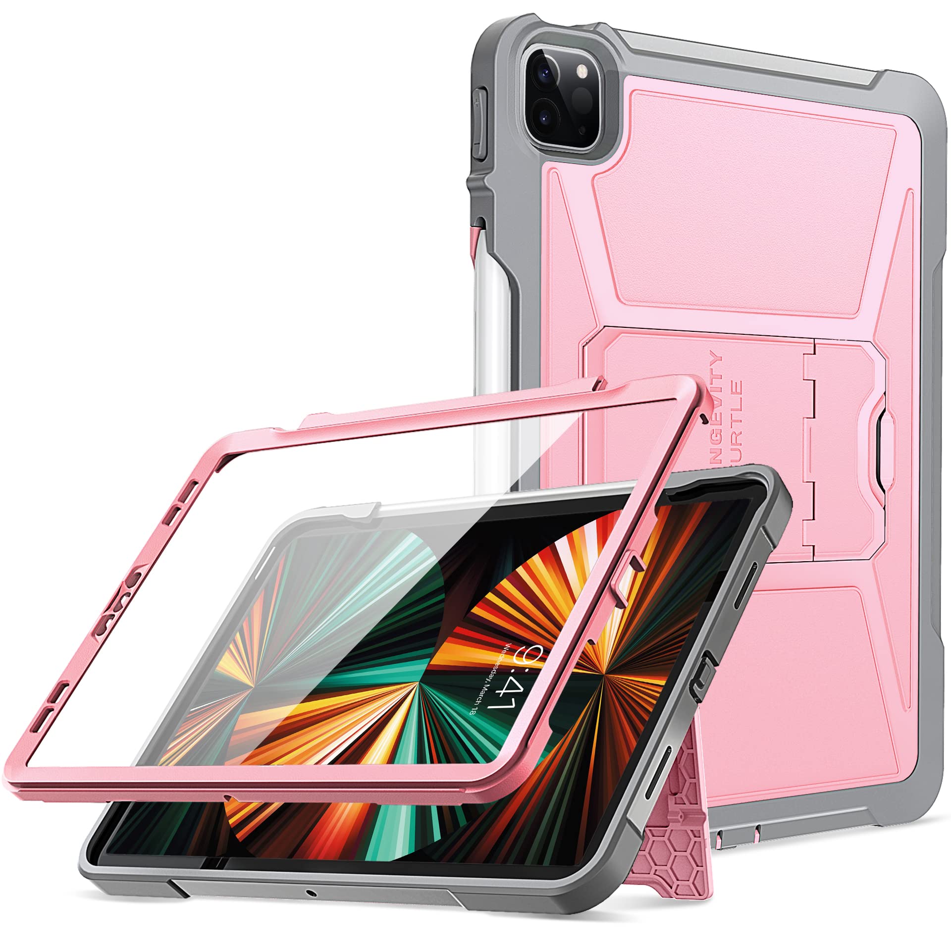 Ztotop Case for New iPad Pro 12.9 Case 2021, Build-in Screen Protector,Dual Layer Shockproof Full Body Protective Case with Kickstand and Pencil Holder for iPad Pro 12.9 Inch 5th Generation, Pink