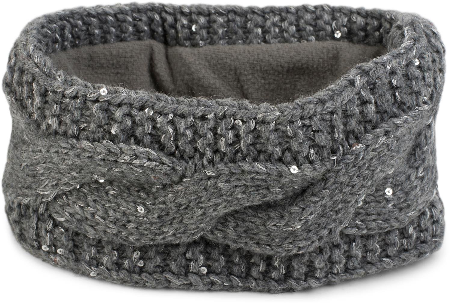 styleBREAKER Women Browband coarse knit with plait pattern and sequins, warm fleece lining, hair band, headband 04026002, color:Grey