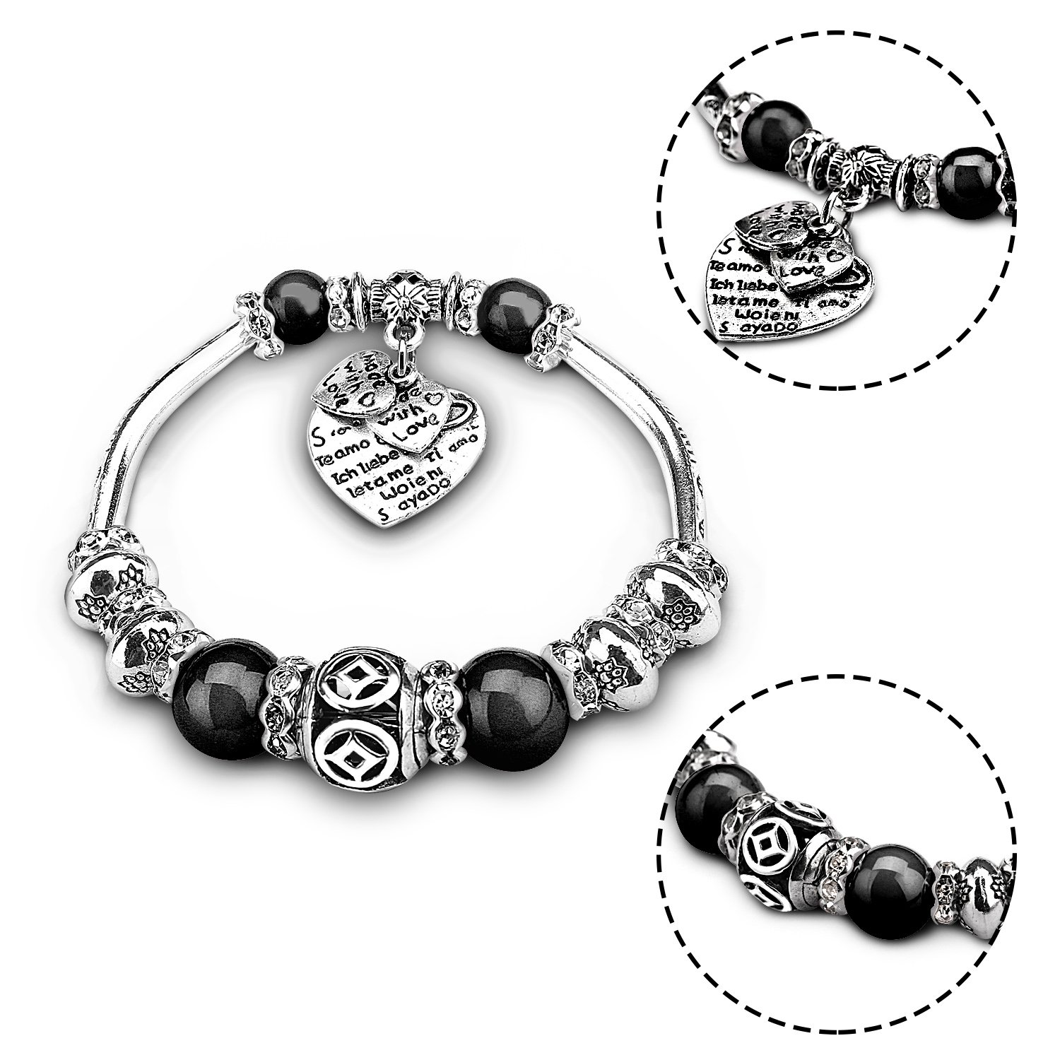 UHIBROS Silver Plated Bangles Snake Chain Pink Crystal Beads Love Heart Beads Glass Charm Bracelet For Women Girl\'s Christmas Birthday Anniversary Valentine\'s day Valentine Gift