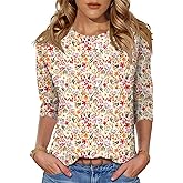 LOMON 3/4 Length Sleeve Womens Tops Spring Summer Fashion 2026 Tops Crew Neck Pleated Shirts Tunic Top Loose Fit