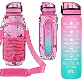 Newfad 32 oz Water Bottles with Straw & Strap, Motivational Water Bottles with Times to Drink, BPA Free Reusable Sports Water Bottle with Sleeve Carrier for Gym, Workout or Fitness (Butterfly in Love)