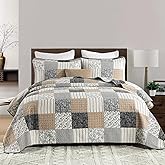 QuiltEase Plaid Quilts King Size - 3 Pieces Quilt Set - 100% Cotton Farmhouse Quilt Bedspread Bedding Set for All Season - Reversible Lightweight Comforter Set - Brown/Gray/Light Gray