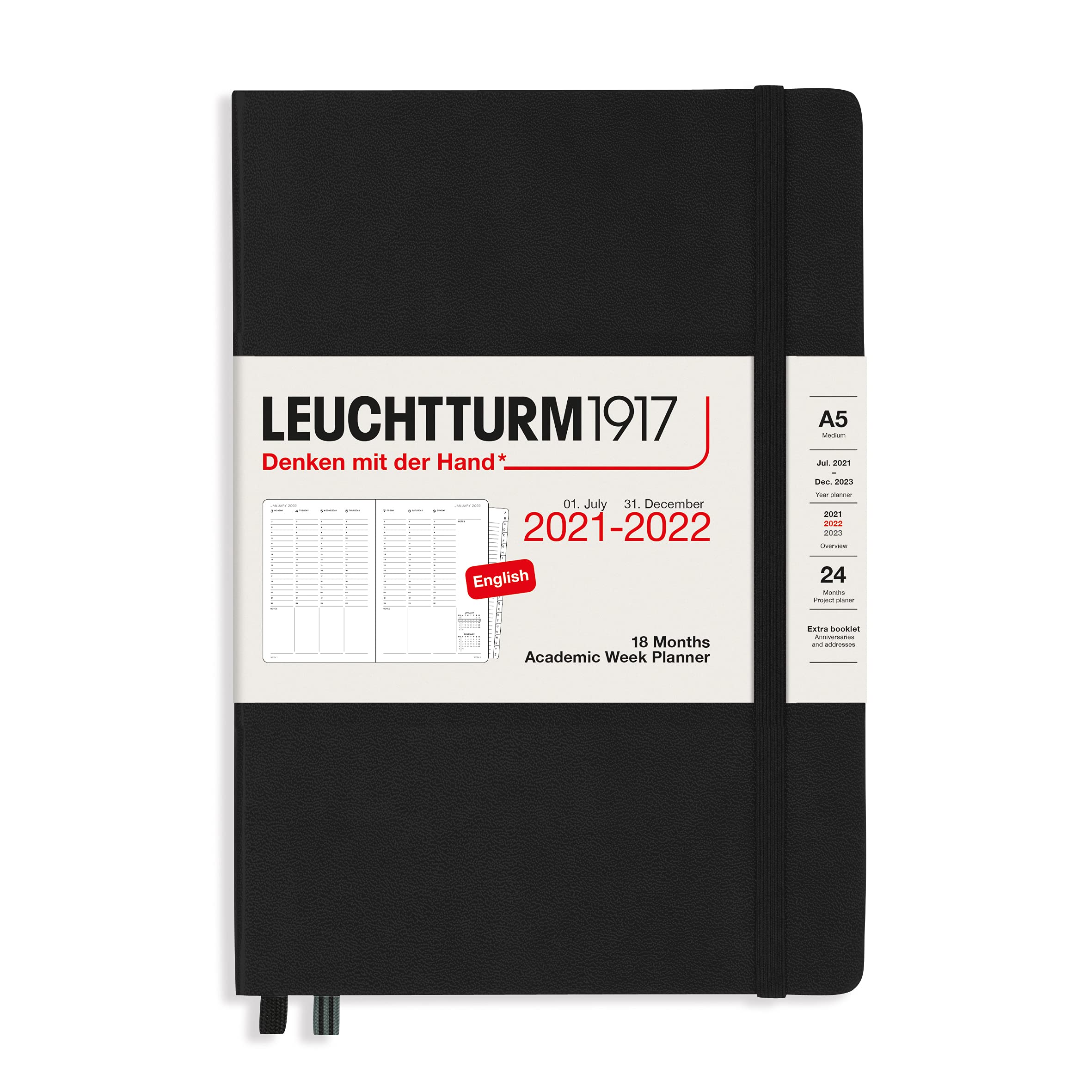 LEUCHTTURM1917 363890 Academic Weekly Planner Hardcover Medium (A5), 18 Months, Black, English