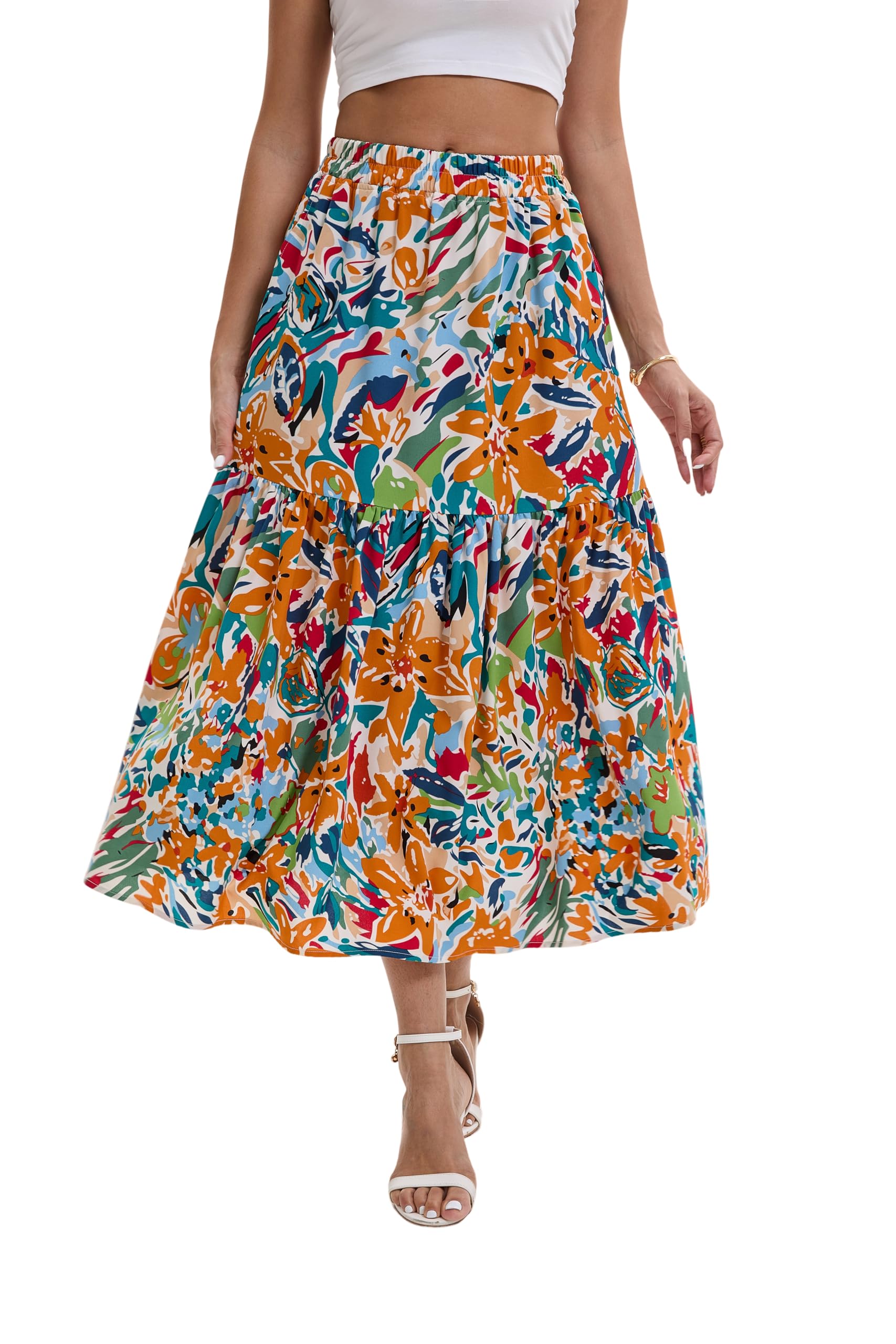 Ladies' High Waist Skirt with Elastic Waist and Pockets in Spring Summer and Autumn Orange