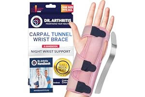 Dr. Arthritis Doctor Developed Premium Carpal Tunnel Night Wrist Brace & Support & Handbook, Fully Adjustable with Comfort Padding & Shaping (Pink Single)
