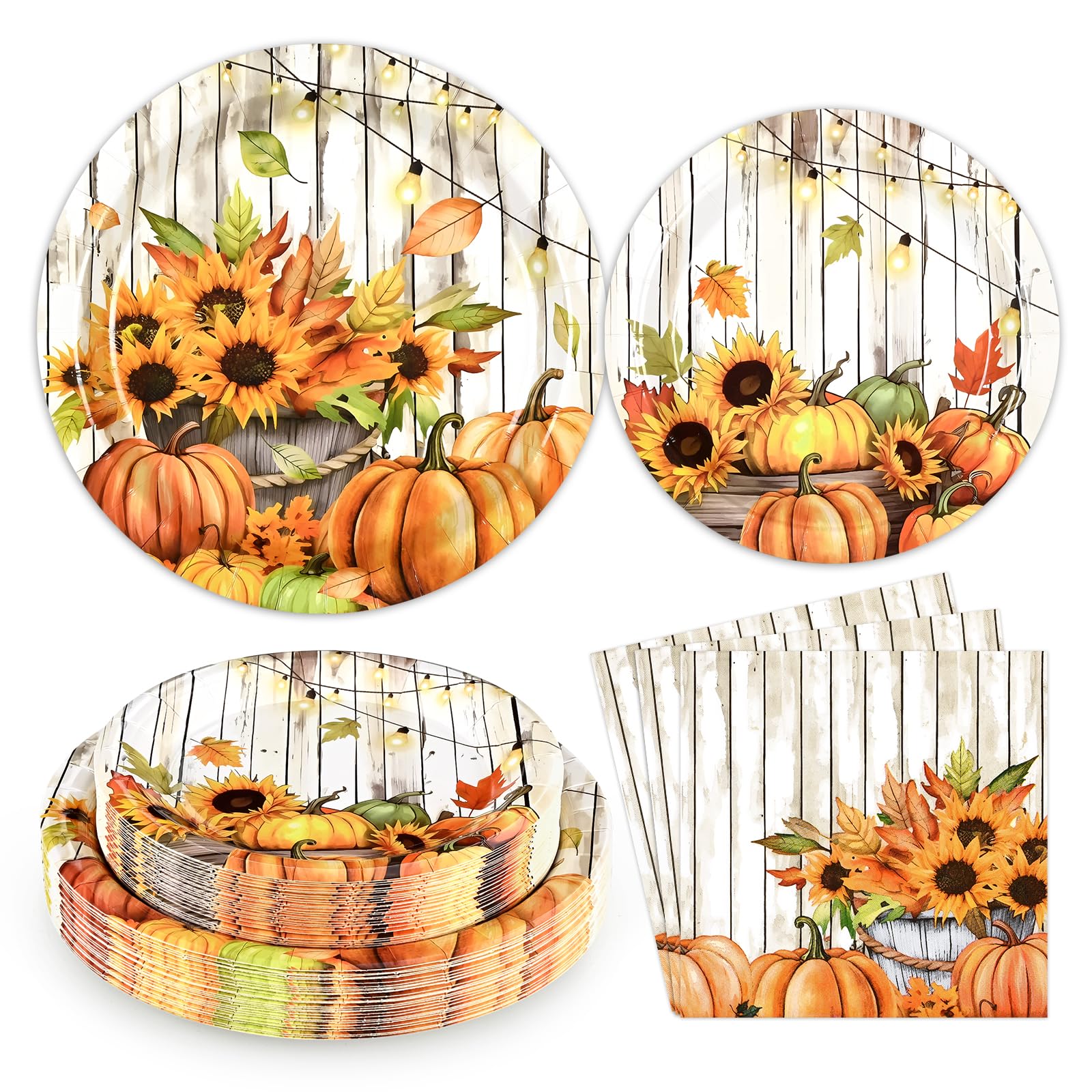 Photo 1 of Homlouue 200PCS Fall Paper Plates and Napkins, Thanksgiving and Pumpkin Plates for Fall Harvest Holiday Decor, Serve 50 Guests