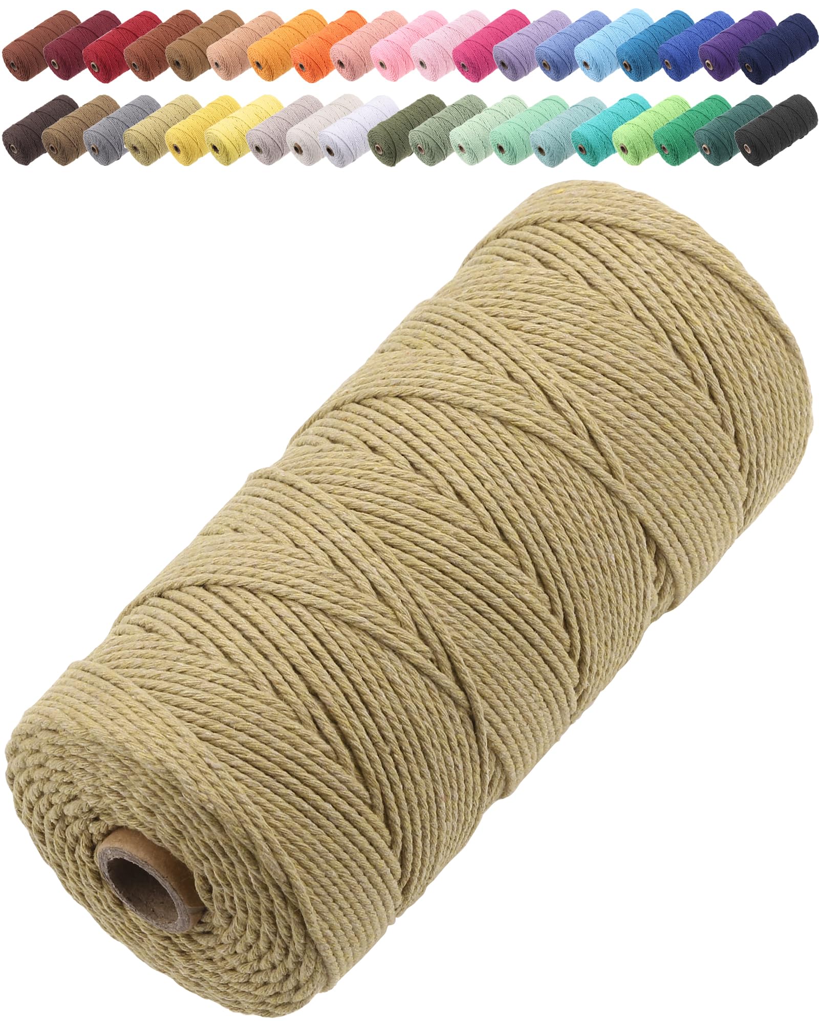 GOHOF Macrame Cord 2mm x 205m Premium Cotton Macrame Rope, 3 Strand Twisted Soft Cotton Cord, One of The Most Perfect Materials for Macrame Art, Cotton String Without Chemicals (Dark Khaki)