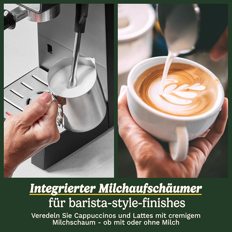Slim Kaffeemaschine | Espresso, Americano, Cold Brew | Integrierter Milchaufschäumer | 15 Bar | Siebträger ohne Boden | kompakt | Reisebecher | 1,5L Tank, Edelstahl Slim
