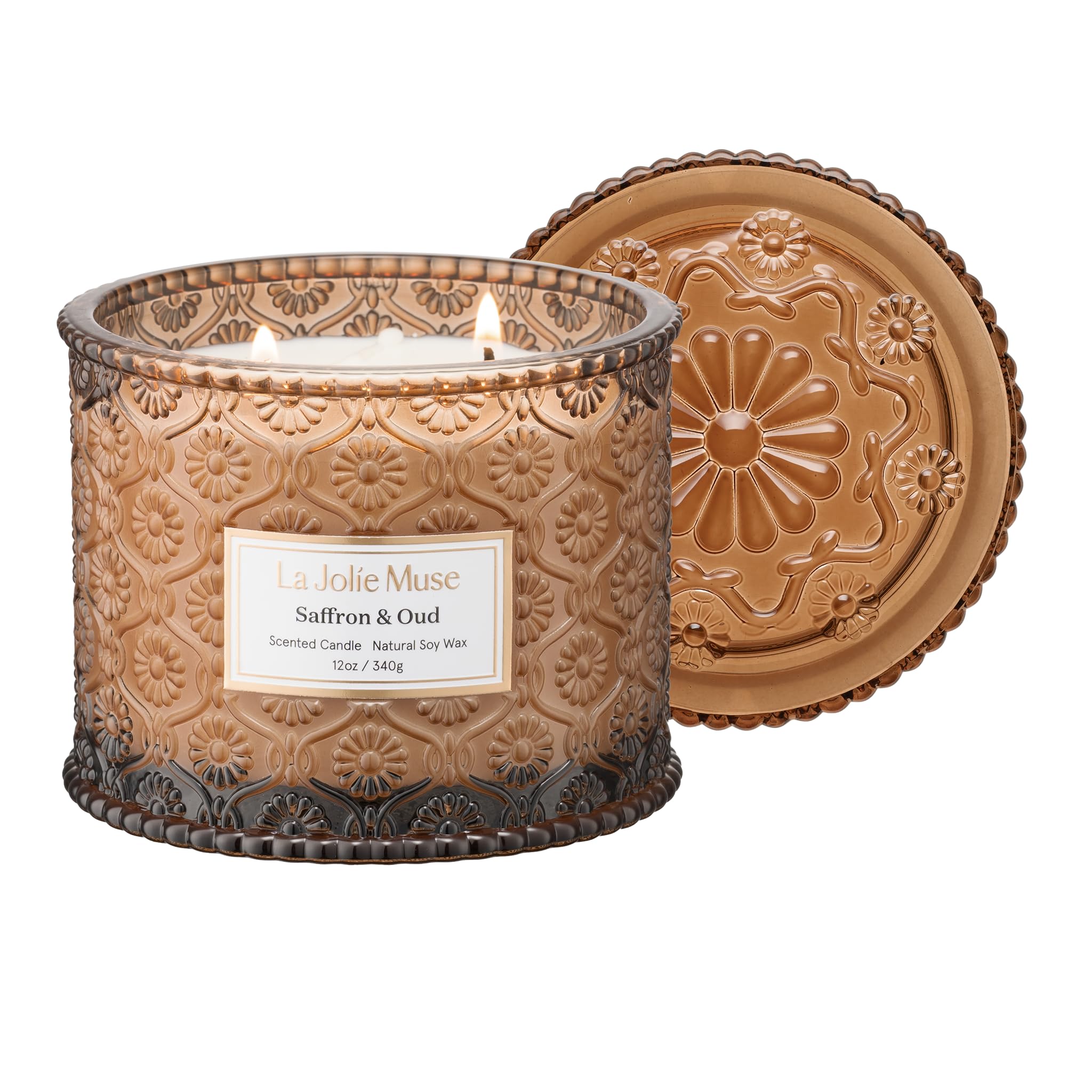 La Jolie Muse Saffron & Oud Scented Candle Gifts for Women, 2 Wicks, Oud Candles, Luxury Candles, 12 oz/340g 60 Hour Burn Time, Candle for Home Scented