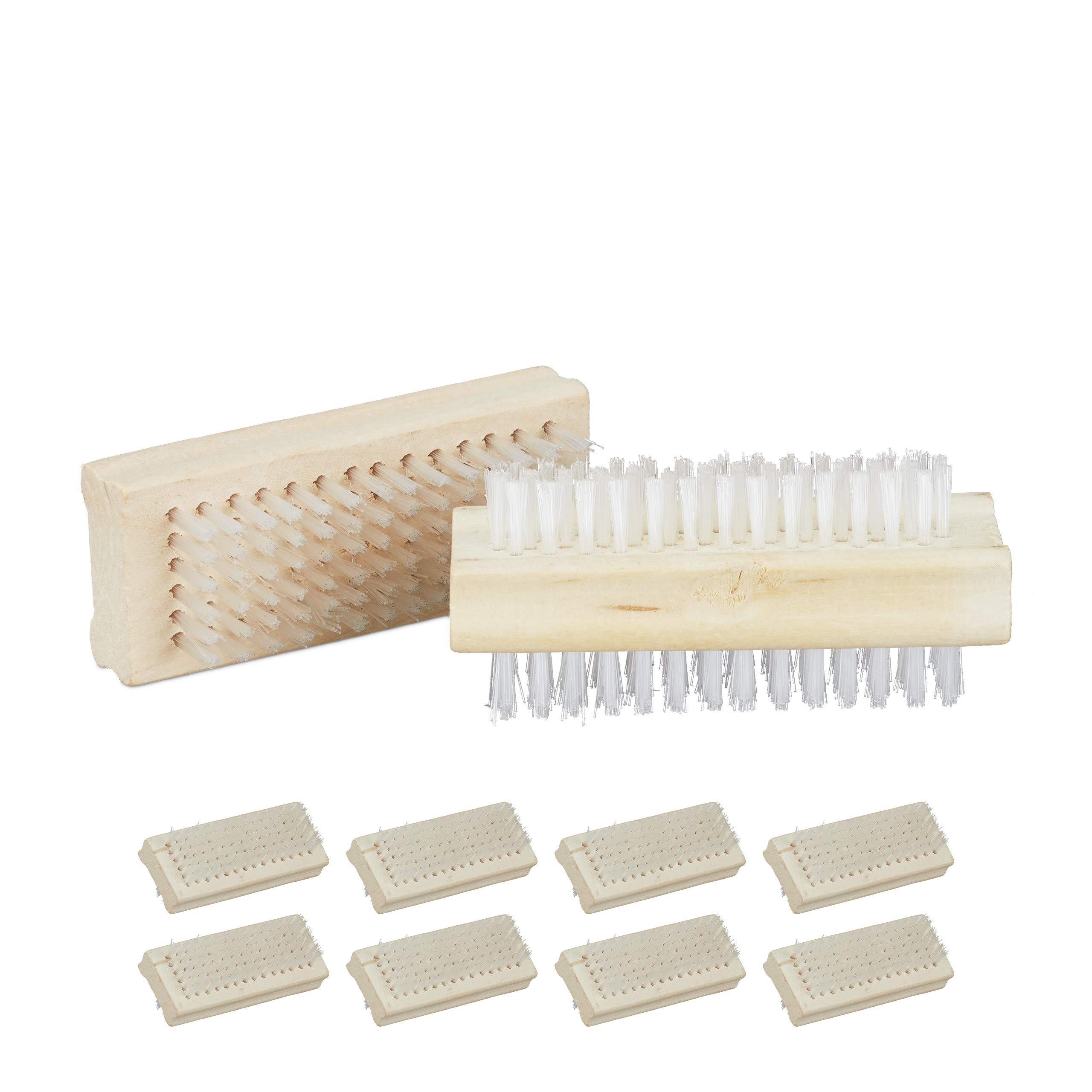 Relaxdays Wooden Nail Brush, Set of 10, Double-Sided, Plastic Bristle, Bathroom, H x W x D: 4 x 9 x 3.5 cm, Natural, Pack of 10