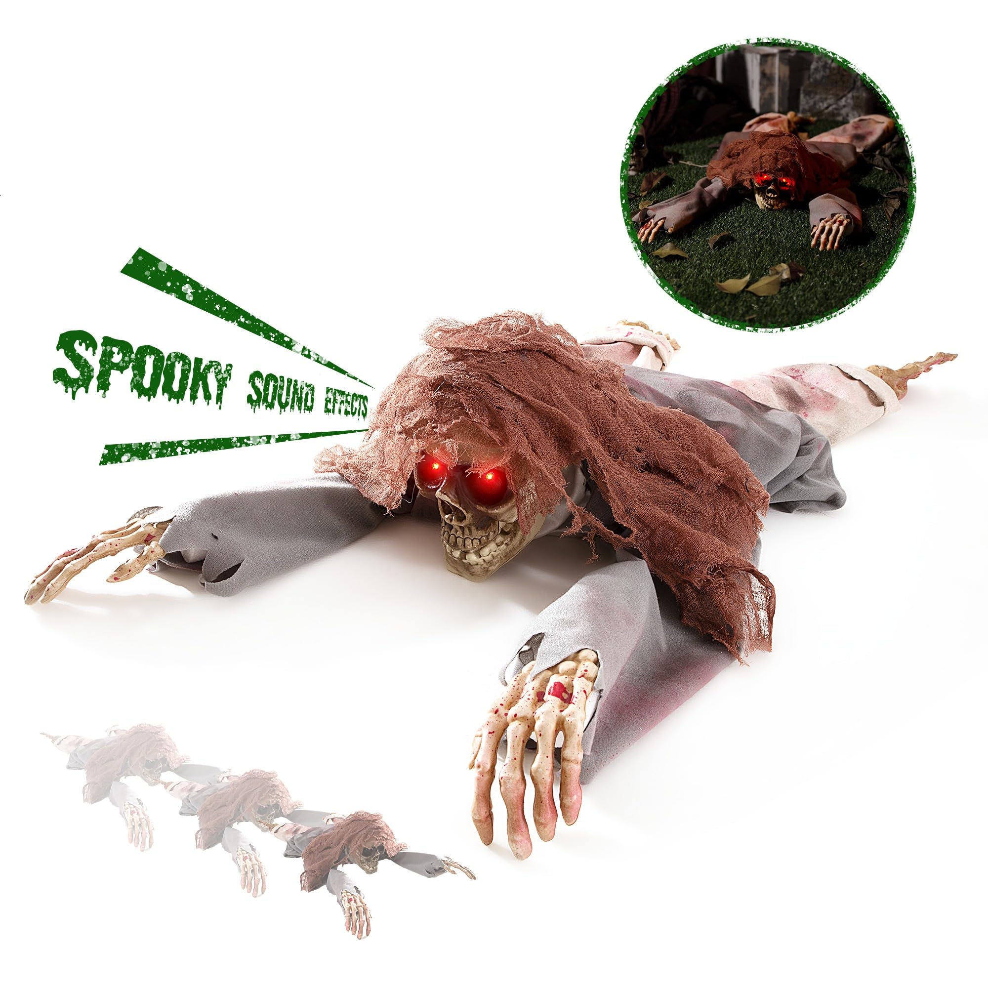 Photo 1 of Halloween Animatronic 45" Crawling Zombie - Animated Skeleton Decorations with Sound Activated, Creepy Voice, Spooky Skull Head, Light Up Eyes, Scary Move, Haunted Horror Prop for Indoor, Outdoor