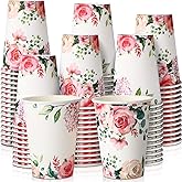 Geiserailie 60 Pcs Floral Paper Cups 12 oz Tea Party Floral Disposable Cups for Baby Shower Girl Decorations Bridal Wedding Shower Pink Flower Party Supplies
