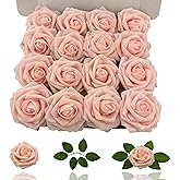Dailuee Artificial Roses Flowers 16Pcs Real Touch Roses with Stem Foam Fake Roses for DIY Wedding Bouquets Centerpieces Arrangement Party Baby Shower Home Decorations (Pink Champagne)