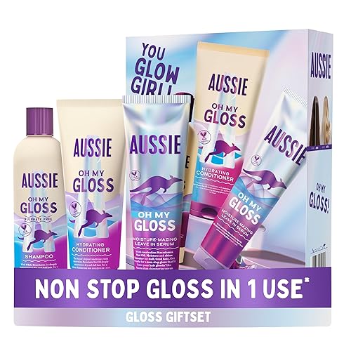 Aussie Oh My Gloss Hydrating Giftset: Shampoo 300ml, Conditioner 200ml, Lightweight Leave-in Serum 160ml. Moisture & Shine Booster for Dull, Dry Hair. With Jojoba, Safflower, Macadamia Nut Oils