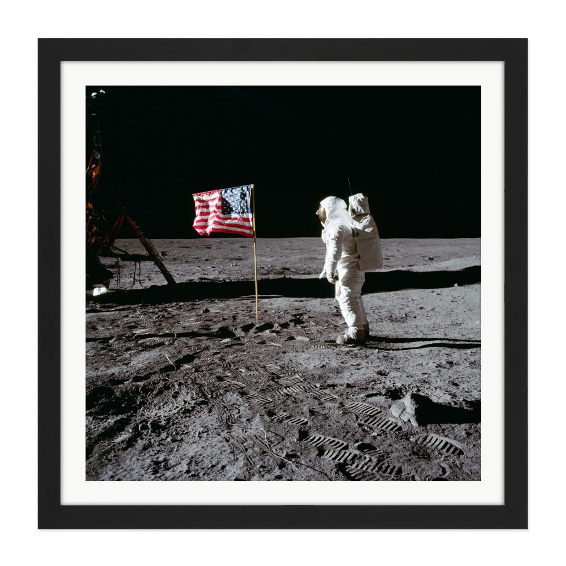 Space NASA Apollo 11 Aldrin Salutes US Flag Moon Photo Square Wooden Framed Wall Art Print Picture 16X16 Inch