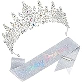 CAVETEE Birthday Princess Crown and Sash, Birthday Crown with Glitter Sash for Princess Party Decorations Happy Birthday Accessories for Women