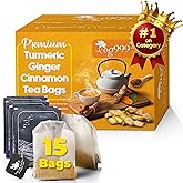 TOG999, Premium 15 Tea Bags Turmeric, Ginger, Cinnamon, 100% Natural, Hand-made Blend of Turmeric, Ginger, and Cinnamon Herbal Tea. Eco-conscious Tea Bags. No Sugar, No Caffeine, No Gluten, Vegan.